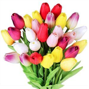 28 Pcs Multicolor Tulips Artificial Flowers Faux Tulip Stems Real Feel PU Tulips